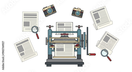 Flat 2D illustration of a typewriter surrounded by newspapers, cameras, and magnifying glasses, representing World Press Freedom Day concept