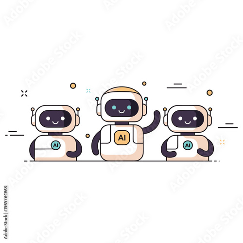 Cute cartoon robots in minimalist design waving cheerfully with ai logo