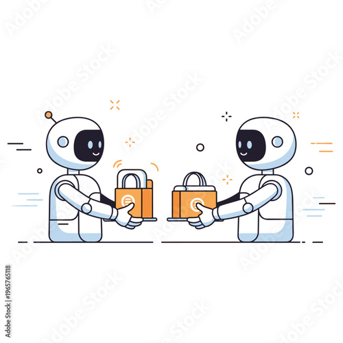 Two robots exchanging digital locks and boxes in futuristic interaction