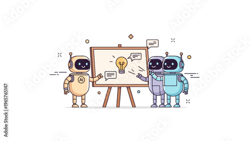Cartoon robots discuss ideas next to easel with lightbulb illustration
