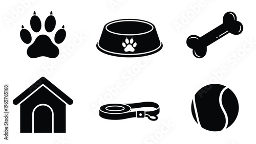 A collection of black silhouettes depicting common dog related items like a house bowl and playful toys silhouette