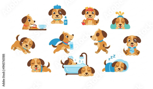 Dog daily activities cartoon collection with cute pet routine vector illustration