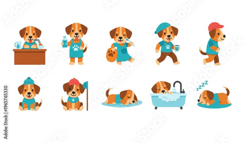 Dog routine vector bundle with cute pet daily activities eating playing sleeping
