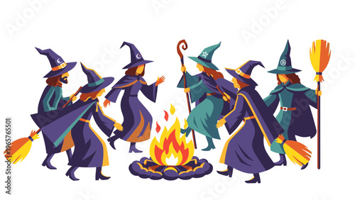 Witches Dancing Around Bonfire Vector Illustration, Halloween Celebration, Mystical Night Gathering, Fantasy Art Style