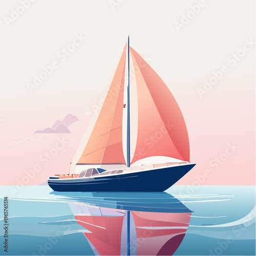 Illustrative view of a graceful sailboat gently navigating tranquil waters under a serene pastel sky at dusk