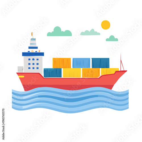 Vibrant cartoon illustration of a container ship sailing on blue waves under a sunny sky, symbolizing global logistics and maritime transport