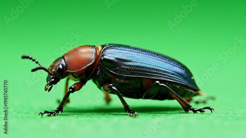 Macro shot of a shiny metallic blue bombardier beetle with coppery head slowly walking on a vibrant green surface with abdomen pulsing for scientific or educational purposes