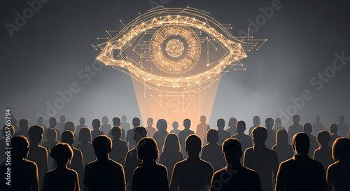 Silhouettes observing a glowing digital eye against dark background