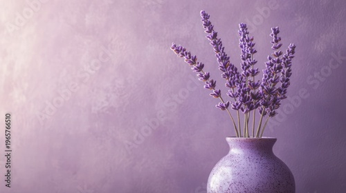 Lavender sprigs in a vase against a textured purple background