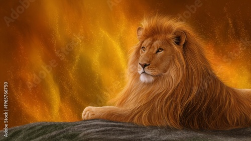 A magnificent lion lounges on a rugged rock, bathed in the warm glow of a fiery sunset. Its golden mane shimmers as it surveys its domain, embodying strength and grace