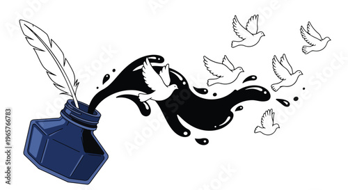 Flat 2D illustration of an inkwell with a quill and flowing ink forming birds for World Press Freedom Day concept