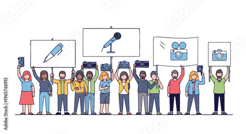 Flat 2D illustration of a diverse group of people protesting with signs and smartphones, conveying a sense of freedom and media activism against a clean white background.