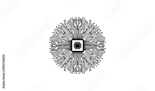 Futuristic circular HUD circuit vector with radiating chip lines and semiconductor connections tech interface isolated on white