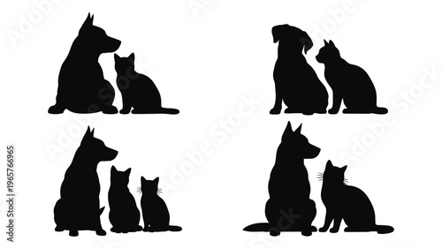 A collection of domestic animals featuring dogs and cats in various poses presented as a silhouette high quality professional