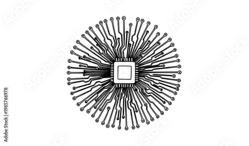 Hand drawn circular HUD circuit vector with radiating chip lines and semiconductor tech interface isolated on white