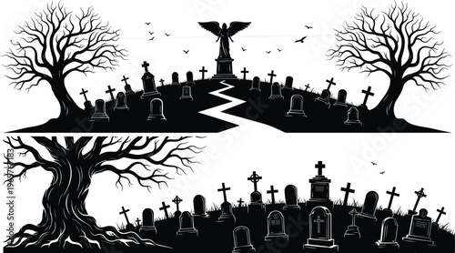 Artistic black tree silhouette with birds perched on branches, intricate foliage details, abstract light and shadow effect, minimal monochrome nature illustration for modern wall decor