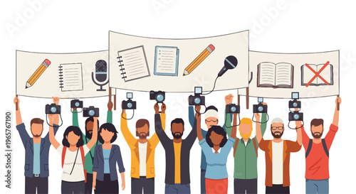 Flat 2D illustration of a diverse group of people holding up signs with media and protest symbols in a colorful, graphic style against a clean white background.
