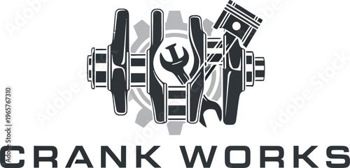 A logo for Crank Works featuring a stylized engine with a wrench and gears on a white background