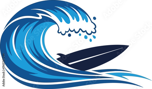 A stylized illustration of a boat riding a large wave in shades of blue.
