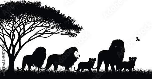 African savanna landscape silhouette featuring a majestic lion pride with cubs standing under an acacia tree, perfect for safari wildlife nature conservation themes.