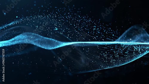 Abstract teal wave formed by luminous particles against a dark background, with scattered dots