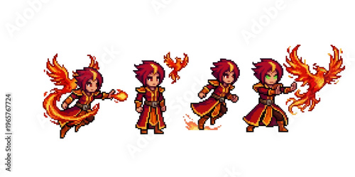 pixel art asset of a phoenix mage character sprite sheet including fire bird summoning, flying, and magical flame dash effects.