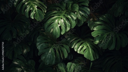 Lush monstera leaves in deep green tones. Artificial intelligence image