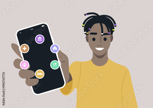 A person smiles while showcasing a smartphone with a pop up menu, The interface features options for home, dining, health, and activities, highlighting daily conveniences in city living