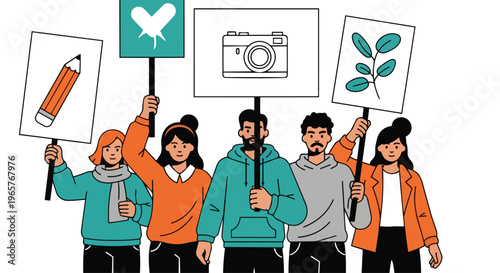 Illustration of a diverse group of young adults holding protest signs with symbols for freedom, media, and environmental awareness in a flat 2D style with a colorful and activist mood against a clean