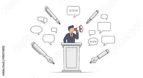 A man in a suit stands at a podium, holding a megaphone and surrounded by speech bubbles and writing utensils in a flat 2D illustration representing freedom of expression and media.