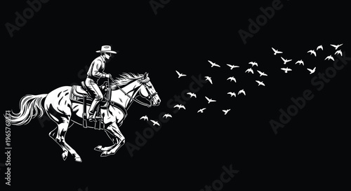 Black and white vector illustration of a cowboy riding a galloping horse through a flock of birds, symbolic of freedom, nature, and adventure.