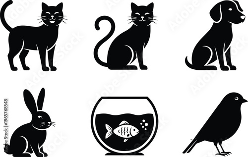 Collection of Minimalist Black Pet Silhouettes Featuring Cats Dog Rabbit Goldfish in Bowl and Bird Isolated on White Background for Graphic Design and Icons