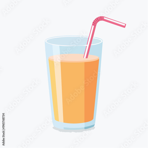 A tall glass of refreshing orange juice with a pink straw on a white background