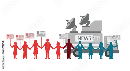 Flat 2D illustration of diverse people holding hands in a line with news van and protest signs in a colorful, graphic representation of freedom and media