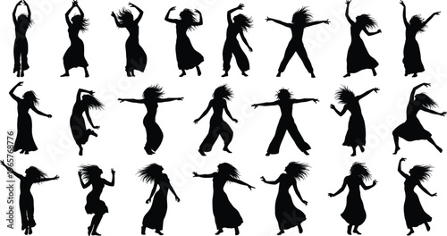 Black silhouette dancing women figures overlay on document background, abstract artistic composition with motion poses, creative collage style, modern minimal design, cultural expression concept