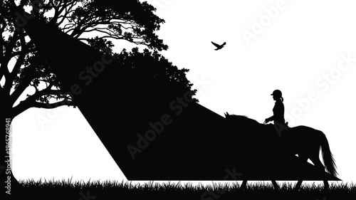 Elegant black silhouette of a female rider on a horse walking through a peaceful landscape with a large leafy tree and birds.