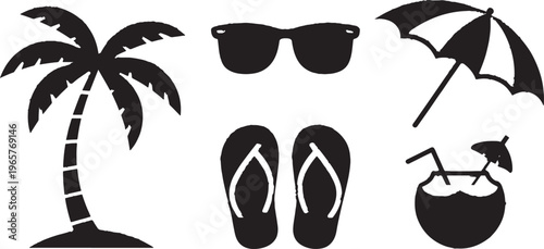 Collection of black silhouette icons representing tropical vacation and summer beach elements including a palm tree, sunglasses, flip-flops, umbrella, and coconut drink against a white background.