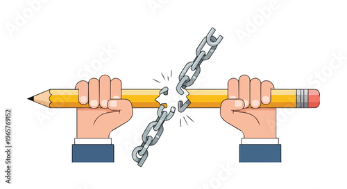Flat 2D illustration of two hands breaking a chain wrapped around a pencil, symbolizing freedom of expression and press on World Freedom Day.