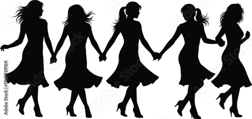 Group of dancing women silhouettes holding hands, joyful female friends in dresses moving together, unity and friendship concept isolated on white background