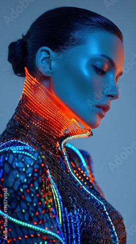 Futuristic Fashion Portrait with Neon Light Accents and Glossy Skin