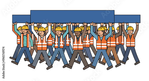 Flat 2D concept illustration of determined workers engaged in a united labor union protest, carrying a prominent banner together, symbolizing collective action and solidarity