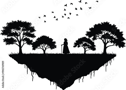 Black silhouette of a lonely elderly woman with a walking stick on a floating island with trees and birds isolated on white background