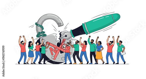 Flat 2D illustration of a diverse group of people protesting with raised fists, breaking a chain with a large green pen, conveying a sense of freedom and media expression on a white background.