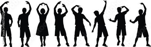 Bild auf Leinwand Group of people silhouettes dancing with raised arms, energetic party movement,