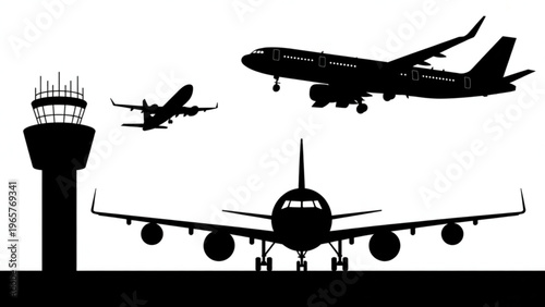 Airplanes approaching and departing from an airport control tower