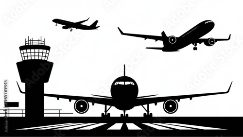 Airport control tower overseeing planes taking off and landing