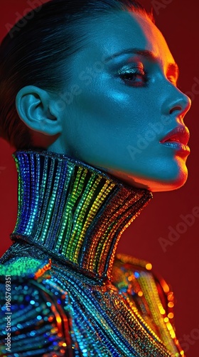 Stunning Close-Up Portrait of Fashion Model with Colorful Lighting
