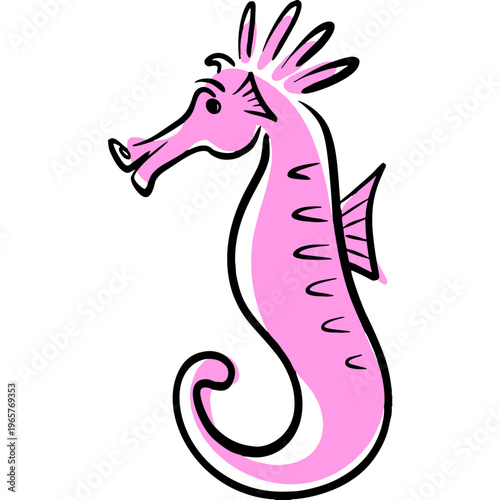 Cute Pink Seahorse Illustration, Hand Drawn Marine Animal Clipart