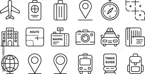 A collection of simple black and white line art icons representing various travel logistics, transportation methods, and navigation tools for vacation planning.