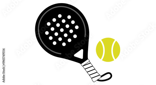 Padel Racket and Yellow Ball Sports Equipment for Tennis Game on Isolated White Background